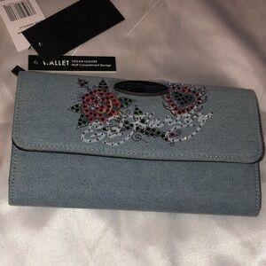 Ed Hardy Denim Blue Flap Wallet Rose & Flaming Heart Rhinestone Accents NWT
